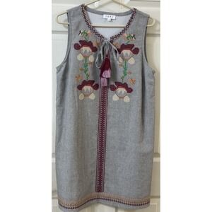 Anthropologie THML Dress Womens LG Gray White Embroidered V-Neck Sleeveless EUC